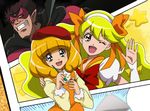  2girls :d bad_id bad_pixiv_id blonde_hair blush bow brown_eyes comic dress fukushima_masaru hair_bow hairband hand_on_shoulder hat kise_yayoi long_hair looking_at_viewer magical_girl miracle_peace multiple_girls one_eye_closed open_mouth pen precure short_hair smile smile_precure! star very_long_hair waving white_hairband 