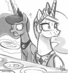  black_and_white crown crumbs equine female feral friendship_is_magic glowing greyscale horn horse john_joseco magic mammal monochrome moon my_little_pony necklace plain_background plate pony princess princess_celestia_(mlp) princess_luna_(mlp) royalty sweat white_background winged_unicorn wings 