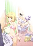  bad_id bad_pixiv_id bath bathing bathroom bathtub bidet blonde_hair blue_eyes bra brushing_teeth claw_foot_bathtub frolaytia_capistrano hair_bun heavy_object highres messy_hair milinda_brantini multiple_girls navel nude official_art panties purple_eyes purple_hair saitou_sakae short_hair shower_curtain sink toilet toothbrush toothpaste underwear underwear_only water wet 