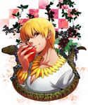  apple blonde_hair bracelet chain fate/zero fate_(series) food fruit gilgamesh jewelry male_focus necklace red_eyes ruchi snake solo tree 
