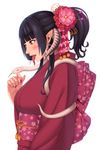  bad_id bad_pixiv_id black_hair blush brown_eyes earrings flower hair_flower hair_ornament hair_stick japanese_clothes jewelry kedama_keito kimono long_tongue open_mouth original piercing pointy_ears short_hair short_ponytail smile snake solo tongue tongue_piercing 