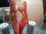  bodypaint breasts chair claws desk feline female human mammal nipples panties photo piercing purse real solo space_heater standing tiger underwear 