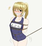  1girl arms_behind_back bdsm blonde_hair blush bondage bound breast_bondage breasts cleave_gag cloth_gag crotch_rope gag gagged improvised_gag name_tag one_eye_closed rope rope_walking school_swimsuit shakehaumai shibari swimsuit tied_up twintails wince 