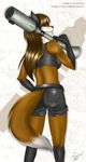  2012 back back_turned black_fur brown_eyes brown_fur brown_hair butt canine chromefox clothed clothing copyright female fox fur gloves_(marking) grin hair long_hair looking_at_viewer looking_back lorelei mammal markings metal-renamon pattern_background ranged_weapon rocket_launcher shirt shorts signature smile socks_(marking) soldier standing tail_clothing tank_top teeth weapon white_fur 