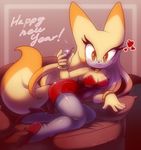  &lt;3 amber_eyes black_nose blush breasts cleavage clothed clothing collar dress drink english_text female fur glass hair heels legwear long_hair looking_at_viewer lying nancher orange_fur smile sofa solo stockings text thighs unknown_species white_fur 