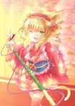  animal_ears bad_id bad_pixiv_id blonde_hair blush cat_ears cat_tail curtains fang green_eyes hairband highres idolmaster idolmaster_cinderella_girls kemonomimi_mode looking_at_viewer microphone one_eye_closed open_mouth sakurai_momoka short_hair smile solo tail thighhighs zinczinc_ka 