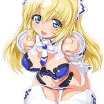  :d altrene arms_behind_back bare_shoulders blonde_hair blue_eyes blush breasts busou_shinki cleavage dd_(ijigendd) doll_joints leaning_forward long_hair looking_at_viewer medium_breasts navel open_mouth simple_background smile solo thighhighs white_background 