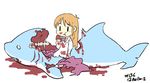  &gt;_&lt; 2012 :t animated animated_gif blood blood_on_face bloody_clothes bone chewing child closed_eyes dated dead_animal death eating entrails guro junkpuyo labcoat long_hair nichijou orange_hair organs professor_shinonome shark solo spine |_| 