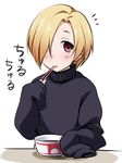  blonde_hair blush chopsticks eating food hair_over_one_eye idolmaster idolmaster_cinderella_girls looking_at_viewer noodles ramen red_eyes shirasaka_koume short_hair sleeves_past_wrists smile solo sweater translated youkan 