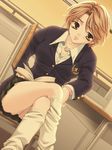  1girl book crescendo d.o. game_cg legs_crossed otowa_yuka school_uniform short_hair sitting uniform 