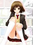  bad_id bad_pixiv_id blazer brown_eyes brown_hair highres jacket necktie panties sasaki_(suzumiya_haruhi) school_uniform sitting skirt smile socks solo suzumiya_haruhi_no_yuuutsu sweater_vest underwear watarui 