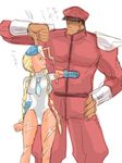  1girl ahoge bare_legs blonde_hair blue_eyes braid cammy_white camouflage dark_skin garrison_cap hand_on_hip hat height_difference huge_ahoge iderei leotard long_hair necktie no_pupils peaked_cap sketch street_fighter street_fighter_zero_(series) thumbs_down translated twin_braids vega white_leotard 