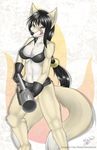  2012 anthro black_hair black_nose blue_eyes bra canine cleavage clothed clothing copyright ear_tuft fangs female flamethrower fluffy fur gloves hair licking long_hair looking_at_viewer mammal metal-renamon multiple_tails necklace pattern_background ranged_weapon shorts signature solo tan_fur tongue tongue_out tuft underwear weapon white_fur wolf 