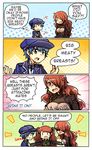  4koma androgynous blue_eyes blue_hair blush_stickers breast_grab breasts cabbie_hat comic crossdressing english framed_breasts grabbing hair_over_one_eye hat kataro kirijou_mitsuru kujikawa_rise left-to-right_manga medium_breasts multiple_girls parody persona persona_3 persona_4 persona_4:_the_ultimate_in_mayonaka_arena red_eyes red_hair shirogane_naoto spongebob_squarepants |_| 