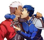  archer blue_hair dark_skin dark_skinned_male earrings fate/stay_night fate_(series) grey_eyes hair_pull jewelry lancer licking_lips long_hair male_focus multiple_boys ponytail red_eyes ruchi tongue tongue_out white_hair yaoi 