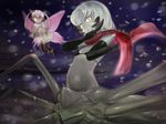  bikini_top black_bikini_top black_gloves black_legwear elbow_gloves fairy flat_chest gloves insect_girl mon-musu_quest! monster_girl multiple_girls orange_eyes pink_hair pink_wings red_scarf scarf spider_girl spider_girl_(mon-musu_quest!) un_do white_hair wings 