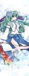  bare_shoulders barefoot breasts detached_sleeves flower frog_hair_ornament green_eyes green_hair hair_flower hair_ornament hinaco kochiya_sanae long_hair medium_breasts navel ribbon side_slit smile snake_hair_ornament solo touhou 