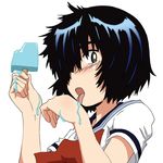  bad_id bad_pixiv_id black_hair blush bow food green_eyes highres kiyukiyutan licking looking_at_viewer melting nazo_no_kanojo_x popsicle school_uniform serafuku simple_background solo tongue urabe_mikoto 