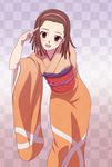  brown_eyes brown_hair checkered checkered_background hairband highres japanese_clothes kimono looking_at_viewer monogatari_(series) nisemonogatari pitecube salute sengoku_nadeko short_hair solo 