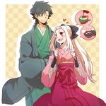  1girl black_hair bridal_gauntlets couple emiya_kiritsugu facial_hair fate/zero fate_(series) food height_difference hetero husband_and_wife irisviel_von_einzbern japanese_clothes kimono long_hair mochi ponytail red_eyes ruchi spoken_food stubble wagashi white_hair 