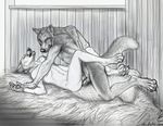  anal anal_penetration anthro canine claws digitigrade duo erection eyes_closed fox gay hindpaw knot lying male mammal monochrome nude on_back open_mouth pawpads paws penetration penis prodding rukis sex shallow_penetration toes 