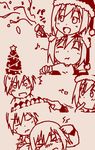  2girls cake christmas christmas_tree closed_eyes eating erica_hartmann food gertrud_barkhorn hat monochrome multiple_girls open_mouth santa_hat short_hair sketch smile strike_witches tears twintails world_witches_series youkan 