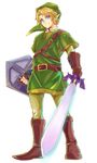  absurdres bashikou belt blonde_hair blue_eyes earrings gloves hat highres holding holding_sword holding_weapon jewelry left-handed link male_focus master_sword pointy_ears shield smile solo sword the_legend_of_zelda the_legend_of_zelda:_twilight_princess weapon 