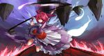  blush clear_echoes hair_bobbles hair_ornament highres hitodama onozuka_komachi open_mouth red_eyes red_hair sash scythe short_hair short_sleeves skirt solo touhou two_side_up 
