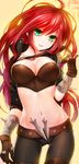  bad_id bad_pixiv_id bracelet breasts cameltoe cleavage gloves green_eyes jacket jewelry katarina_du_couteau keikazz large_breasts league_of_legends lips long_hair looking_at_viewer midriff navel red_hair scar solo spiked_bracelet spikes 