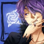  blue_eyes character_name cigarette flower garry_(ib) ib male_focus purple_eyes purple_hair rose ruchi smoking solo 