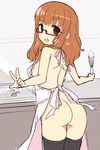  apron ass bad_id bad_pixiv_id blush breasts brown_eyes brown_hair from_behind girls_und_panzer glasses long_hair looking_at_viewer looking_back medium_breasts naked_apron nekoume open_mouth sideboob smile solo takebe_saori v whisk 