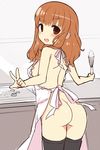  apron ass bad_id bad_pixiv_id blush breasts brown_eyes brown_hair from_behind girls_und_panzer long_hair looking_at_viewer looking_back medium_breasts naked_apron nekoume open_mouth sideboob smile solo takebe_saori v whisk 