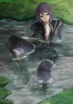  black_eyes black_hair boots coat expressionless full_body highres knee_boots long_hair male_focus nogunogu_love pants partially_submerged sitting solo tales_of_(series) tales_of_vesperia water wet yuri_lowell 