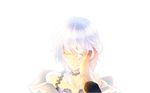  1girl bangs bare_shoulders black_choker choker claudia_hortensia closed_eyes collarbone colored_eyelashes die eyebrows_visible_through_hair fate/zero fate_(series) hair_between_eyes hand_on_another's_cheek hand_on_another's_face kotomine_kirei long_sleeves pov short_hair silver_hair simple_background solo_focus upper_body white_background 