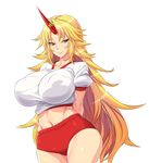  alternate_costume arms_behind_back blonde_hair breasts buruma covered_nipples gym_uniform highres horn hoshiguma_yuugi huge_breasts impossible_clothes impossible_shirt long_hair midriff navel nekomamire puffy_nipples red_eyes shirt smile solo star thighs touhou wide_hips 