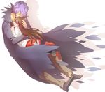  1girl brown_hair garry_(ib) hug ib ib_(ib) long_coat long_hair purple_hair ruchi 