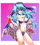  :d alternate_hair_length alternate_hairstyle bare_shoulders bikini blue_eyes blue_hair blush breasts cleavage danshaku habit halftone halftone_background jewelry kumoi_ichirin large_breasts long_hair midriff navel necklace open_mouth pendant smile solo swimsuit touhou towel unzan 