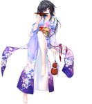  alcohol barefoot black_hair bottle cup floral_print full_body gourd highres japanese_clothes kawagishi_keitarou kimono long_hair maji_de_watashi_ni_koi_shinasai! maji_de_watashi_ni_koi_shinasai!_s musashibou_benkei obi purple_eyes sakazuki sake sash solo transparent_background 