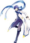  bangs belt blue_eyes blue_hair blue_scarf boots coat full_body headset ixima kaito kaito_(vocaloid3) male_focus microphone nail_polish official_art open_mouth pants scarf see-through solo transparent_background vocaloid zipper 