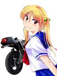  bakuon!! bell blonde_hair blush breasts ground_vehicle hair_bell hair_ornament highres large_breasts long_hair looking_at_viewer motor_vehicle motorcycle oresama_strike red_eyes shirt smile solo suzuki_(company) suzunoki_rin taut_clothes taut_shirt twintails 