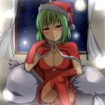  bell breasts christmas cleavage cleavage_cutout crossed_legs full_moon gloves green_hair hat kazami_yuuka large_breasts mizuki-g moon red_eyes red_gloves sack santa_costume santa_hat short_hair sitting solo touhou window 