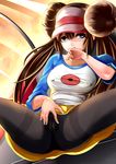  biting black_legwear blue_eyes breasts brown_hair covered_nipples double_bun finger_biting large_breasts long_hair mei_(pokemon) miniskirt pantyhose pigeon-capsule pokemon pokemon_(game) pokemon_bw2 raglan_sleeves skirt solo spread_legs thighband_pantyhose twintails visor_cap 