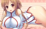  :d abstract_background asuna_(sao) bare_shoulders blush breasts brown_eyes brown_hair detached_sleeves impossible_clothes large_breasts lying miu_(c_blue) no_pants on_stomach open_mouth side_slit smile solo sword_art_online thighs 