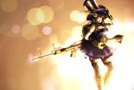  :d backlighting blurry bokeh brown_hair caitlyn_(league_of_legends) depth_of_field dress gun hannah_santos hat head_tilt league_of_legends long_hair looking_at_viewer open_mouth panties purple_dress smile solo top_hat underwear walking watermark weapon 