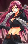  bad_id bad_pixiv_id belt blue_eyes breasts cleavage dual_wielding earrings holding jacket jewelry katarina_du_couteau knife large_breasts league_of_legends long_hair midriff navel red_hair rokugatsu_no_usagi scar solo 