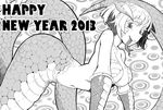  1girl 2013 bare_shoulders breasts chinese_zodiac cleavage elbow_gloves english forked_tongue gloves horns lamia large_breasts long_tongue monochrome monster_girl navel new_year oku_(okumen) original short_hair slit_pupils smile snake snake_(chinese_zodiac) solo tongue 