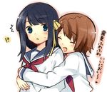  2girls black_hair blue_eyes blush brown_hair chishima_kirika closed_eyes hair_ornament hair_ribbon hairclip hanabana_tsubomi hug hug_from_behind long_hair misaki_erimo multiple_girls open_mouth ribbon school_uniform seishun_konbu serafuku short_hair smile sweatdrop translated 