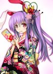  2013 animal_ears bunny_ears floral_print flower hagoita hair_flower hair_ornament highres japanese_clothes ken123456 kimono long_hair new_year obi open_mouth paddle ponytail purple_hair red_eyes reisen_udongein_inaba sash smile solo touhou very_long_hair 