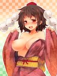  :d alternate_costume blush breasts brown_hair hat japanese_clothes kimono large_breasts looking_at_viewer nipples obi off_shoulder open_clothes open_kimono open_mouth oshiruko_(tsume) red_eyes sash shameimaru_aya smile solo tokin_hat touhou upper_body 