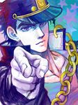  blue_hair chain earrings gakuran hat jewelry jojo_no_kimyou_na_bouken kuujou_joutarou male_focus pointing school_uniform solo yuzure_mon 